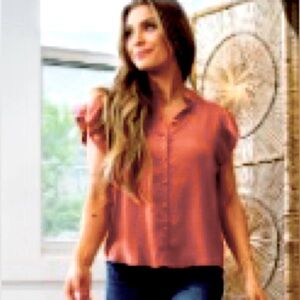 Blu Pepper Pink Flutter Sleeve Blouse with Mandarin Collar